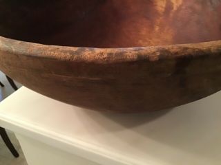 Very Large Old Wooden Turned Bowl Primitive With Great Patina 20 3/4 