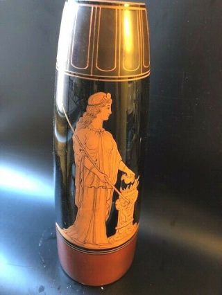 Large 13 In Art Nouveau Painted Black Amythest Glass Vase With Grecian Godess