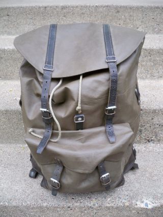 Vintage Swiss Army Rubberized Military Backpack Leather Bottom And Straps Alpine