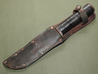 US Army USMC Marine WW2 QUEEN CITY FIGHTING KNIFE,  LEATHER SCABBARD Vtg GI RARE 11