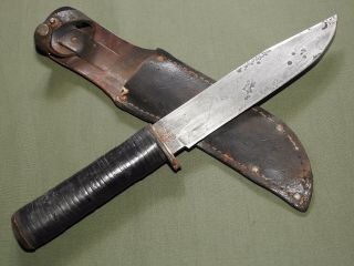 US Army USMC Marine WW2 QUEEN CITY FIGHTING KNIFE,  LEATHER SCABBARD Vtg GI RARE 6