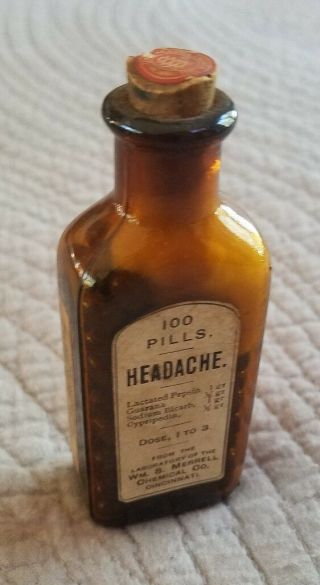 Antique Medicine Bottle Headache Pills W S Merrell