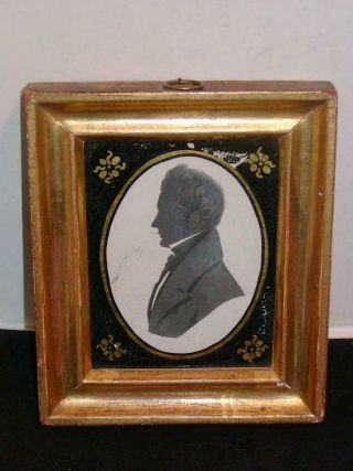 Antique Early 19thc Silhouette Watercolor In Period Lemon Gold Frame W/wood Back