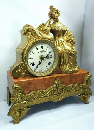 Vintage Lancini Italy Brass & Red Marble Franz Hermle FHS Mantle Mantel Clock 2