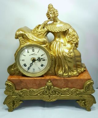 Vintage Lancini Italy Brass & Red Marble Franz Hermle FHS Mantle Mantel Clock 3