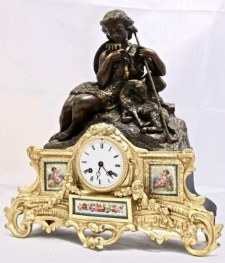 Antique French Mantle Clock 8 Day 2 Piece 2 Tone Figural Gilt & Sevres