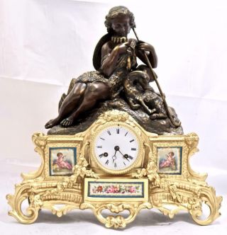 Antique French Mantle Clock 8 Day 2 Piece 2 Tone Figural Gilt & Sevres 2