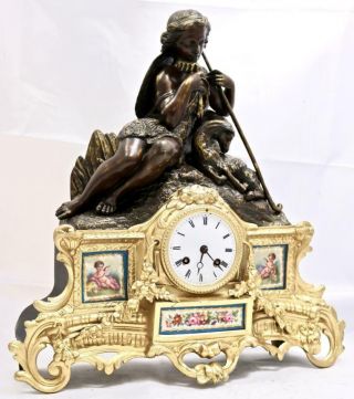 Antique French Mantle Clock 8 Day 2 Piece 2 Tone Figural Gilt & Sevres 3