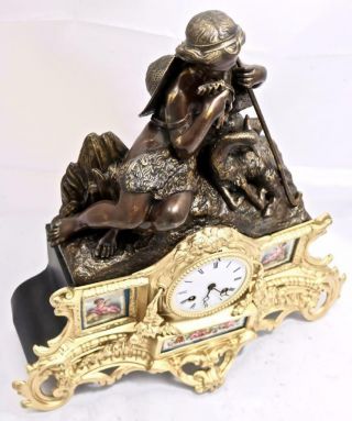 Antique French Mantle Clock 8 Day 2 Piece 2 Tone Figural Gilt & Sevres 4
