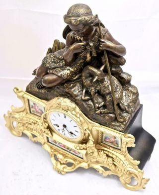 Antique French Mantle Clock 8 Day 2 Piece 2 Tone Figural Gilt & Sevres 5