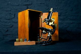 Antique J.  H.  Steward Rectiform Microscope In Wooden Case Scientific Science