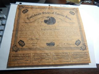 Civil War Confederate $100.  00 Bond Signed Dated Etc Real Deal