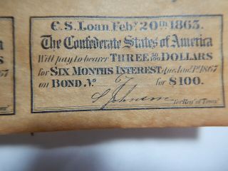 Civil War Confederate $100.  00 bond signed dated etc real deal 4