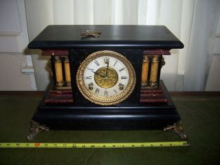 Antique Mantle Clock Gilbert Fine Faux Marble W Lion Heads