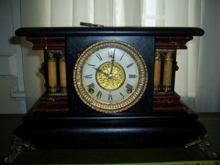 Antique Mantle Clock Gilbert fine faux marble w lion heads 2