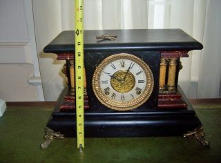 Antique Mantle Clock Gilbert fine faux marble w lion heads 8