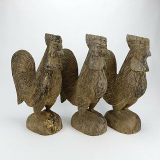3 Antique Folk Art Primitive Hand Carved Wood Rooster Chicken 19 