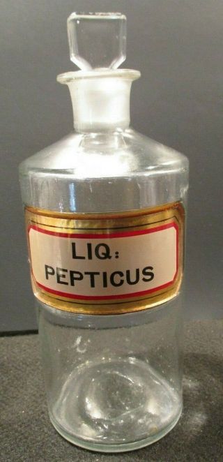 1890 8 In Label Under Glass Liq.  Pepticus Apothecary Drugstore Bottle & Stopper
