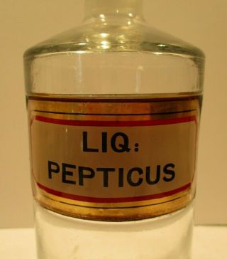 1890 8 In LABEL UNDER GLASS LIQ.  PEPTICUS APOTHECARY DRUGSTORE BOTTLE & STOPPER 2