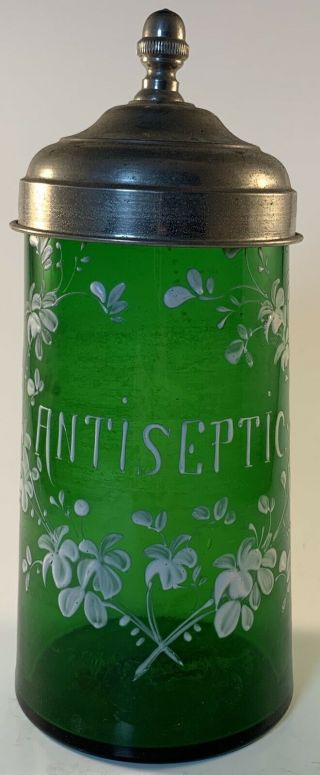 Antique Green Glass Antiseptic Jar Apothecary Drug Store