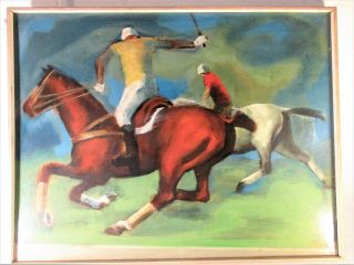 Mid - Century Modern Oil On Board 1958 Colorful Polo Players Horsback Signed Ford