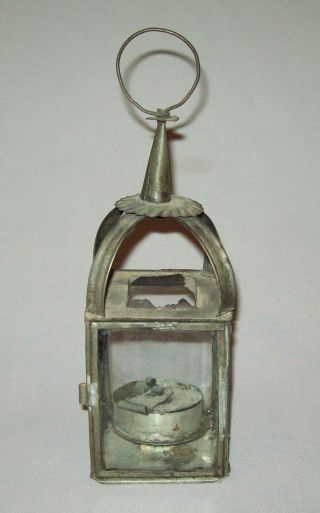 Antique Vtg 19th C 1840s American Tin Lantern W/ Whale Oil Lamp Burner