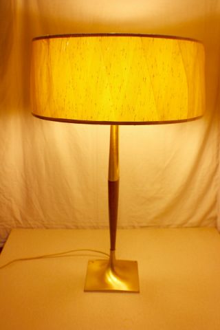 Vintage Midcentury Teak And Brass 3 Way Table Lamp With Shade C.  1960 