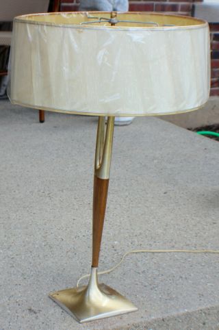 Vintage Midcentury Teak and Brass 3 Way Table Lamp with Shade c.  1960 ' s 2