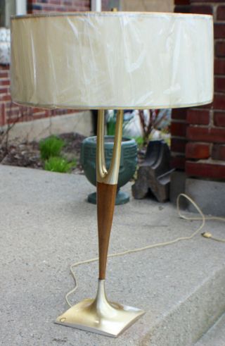 Vintage Midcentury Teak and Brass 3 Way Table Lamp with Shade c.  1960 ' s 3