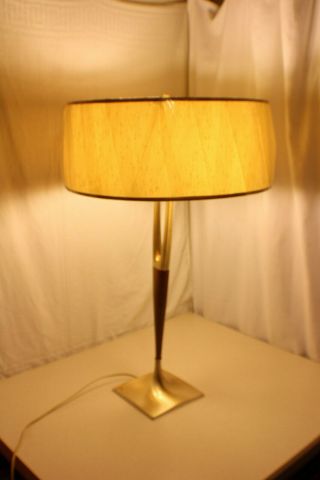 Vintage Midcentury Teak and Brass 3 Way Table Lamp with Shade c.  1960 ' s 4