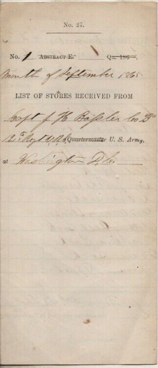 Sept 5 1865 U S Army Quartermaster Stores Bill 2nd Lieut Stone 12th Vrc