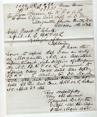 1866 Post Civil War Capt Norton Reporting For Duty At Bureau Refugees,  Freedmen
