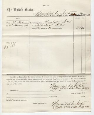 1867 Post Civil War Document Capt Norton Paid For Mileage