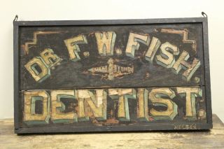 Antique F.  W.  Fish Dentist Trade Sign Painted & Crushed Glass Surface L@@K 8