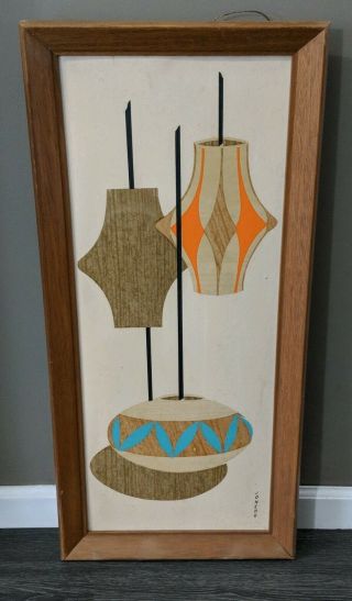 Robert Lyons Jonero Mid - Century Abstract Pendant Lamps Print Teak Wood Frame