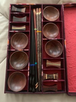 Vintage Mini Wooden Bowl And Chop Stick Set 3