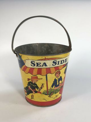 Antique Large Tin Metal Sand Pail W/ Children Playing At The Beach - Early 1900s