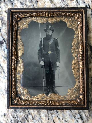 Antique American Civil War Sergeant Photo Framed Leather/wood/cooper