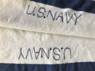 VTG WWII VINTAGE US NAVY MILITARY ISSUE IVORY w BLUE STRIPE WOOL BLANKET 2