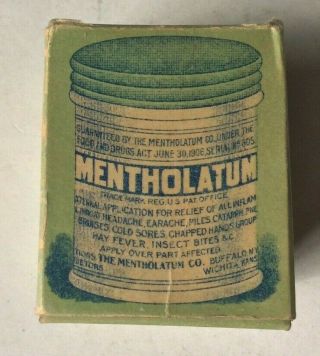 RARE ANTIQUE 1907 MENTHOLATUM ANTISEPTIC MILK GLASS BOTTLE & BOX 3