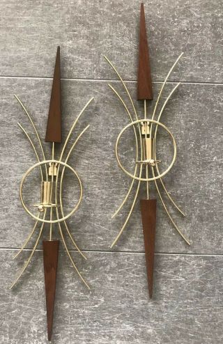 Mid Century Modern Walnut Candle Holder Wall Brass Wheat Sconce Pair