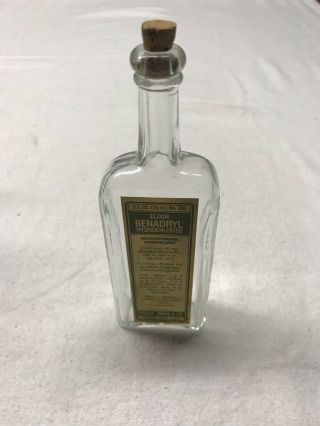 Vintage Elixir Benadryl Glass Bottle With Cork