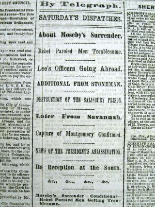 1865 Civil War Newspaper John Singleton Mosby Surrender,  Battle O Selma Alabama