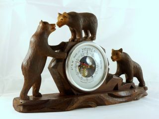 Antique French Black Forest Carved Barometer Rare 3 Bears figures 12 