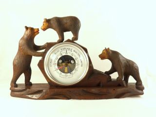 Antique French Black Forest Carved Barometer Rare 3 Bears Figures 12 " X 7 " 1900