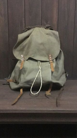 Vintage Wwii Swedish Army Military Framed Canvas Leather Backpack