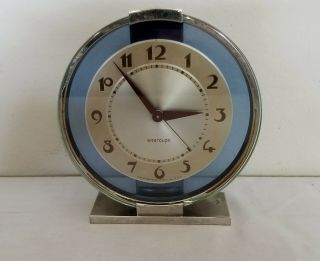 Vintage Art Deco Westclox Andover Chrome & Blue Glass Table Shelf Electric Clock