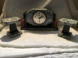 Gorgeous French Art Deco Marble Clock Garniture Ucra
