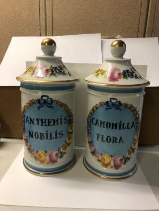2 Antique Apothecary Jars,  Flowers,  Camomilla & Anthemis,  Large,  Rare,  Signed