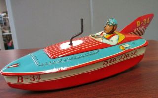 Vintage Bc Made In Japan Tin Litho Hand Crank Sea Dart Speed Boat B - 34